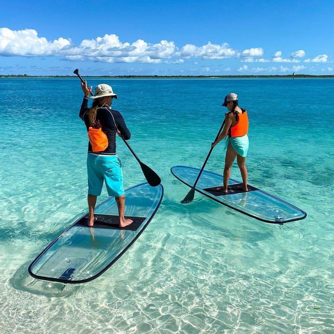 Two paddlers standing on sea-through paddleboards