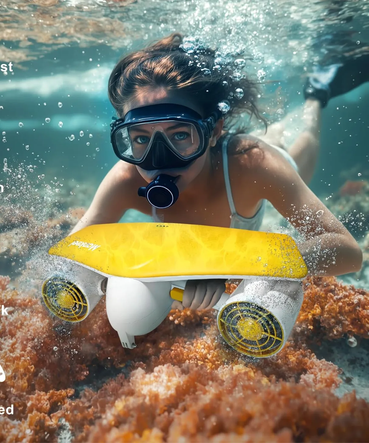 Snorkeller gliding over the reef with a sea scooter