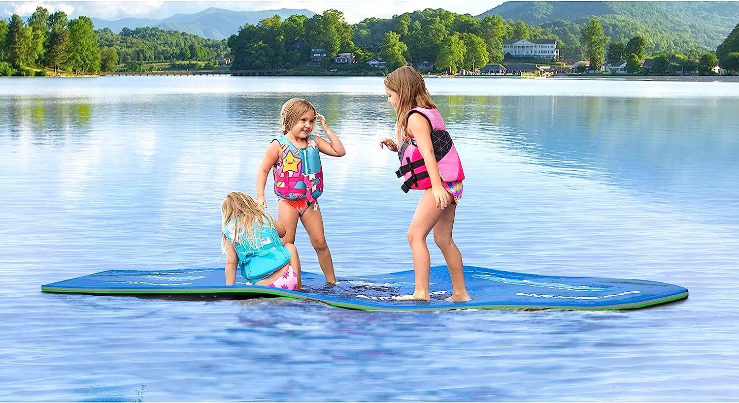 Children playing on a group foam float