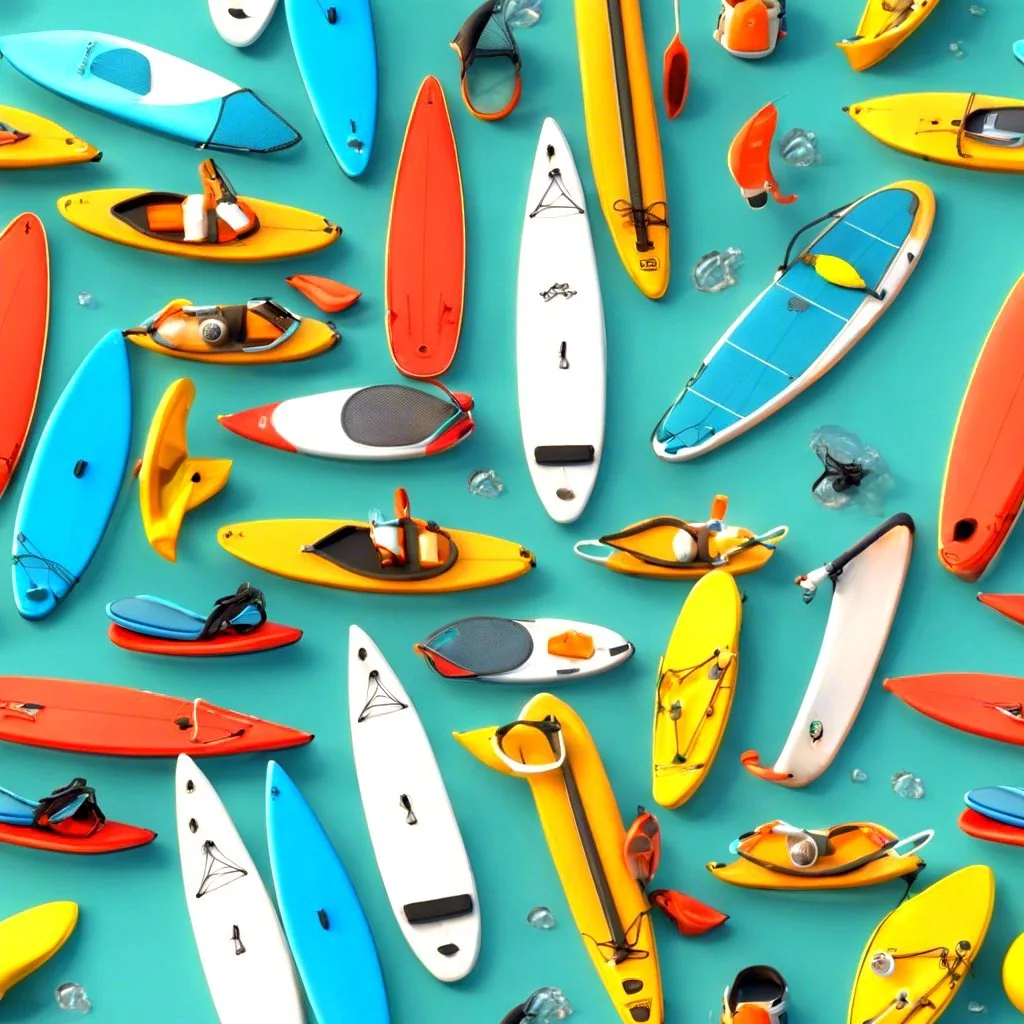 Kayaks and paddleboards laid out on turquoise ground