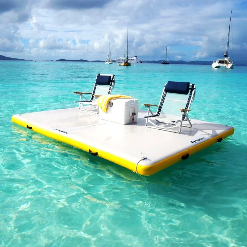 Floating sun deck on turquoise water