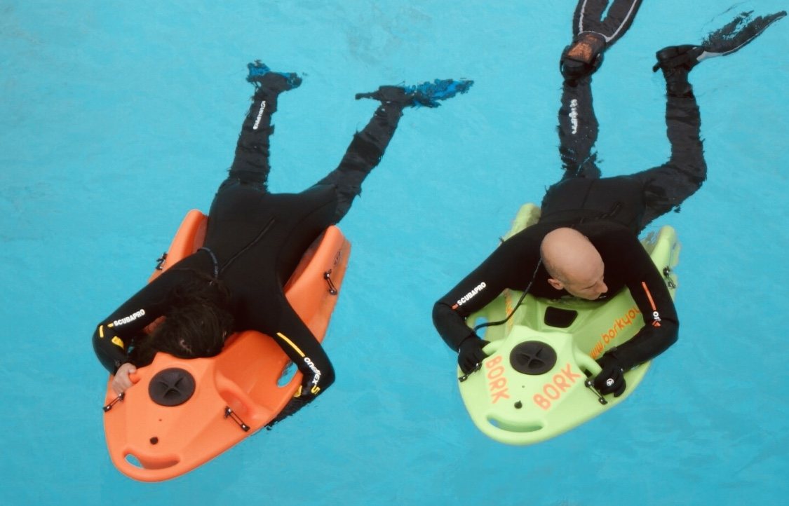 Two swimmers looking down through viewing boards