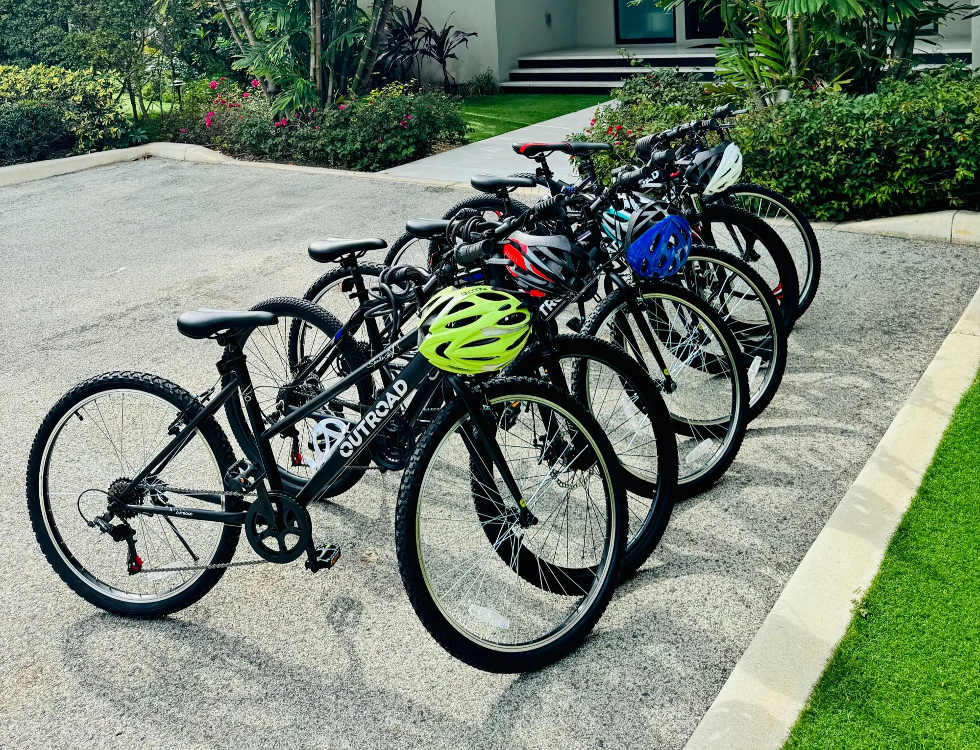 Mountain bikes and helmets ready to rent
